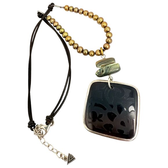 Silpada 925 Sterling Silver Gold Pearl Abalone Pendant Necklace 18" Leather - Picture 2 of 10